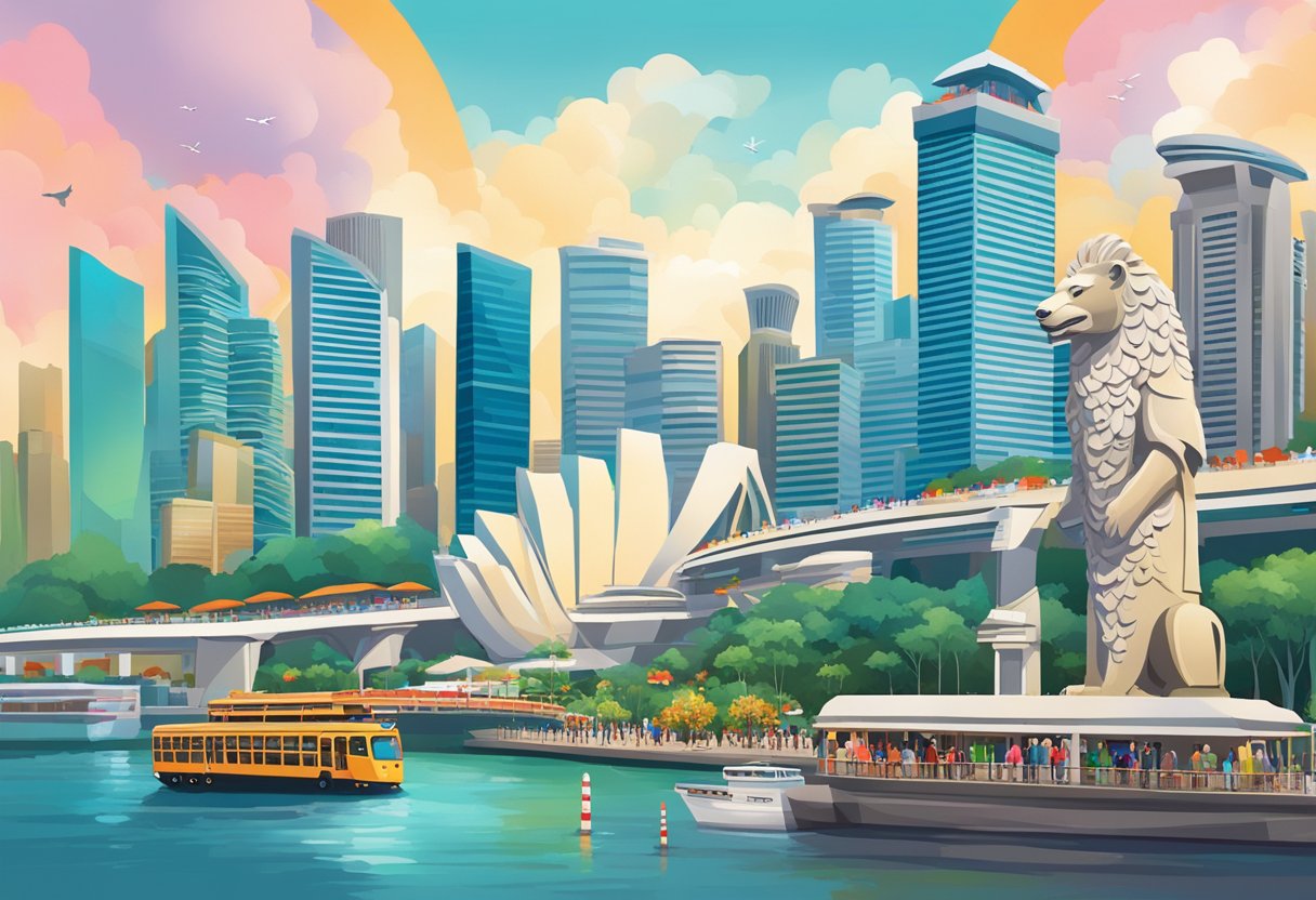 The bustling streets of Singapore come alive with vibrant colors and bustling activity, as iconic landmarks like the Merlion and Marina Bay Sands stand tall against the city skyline