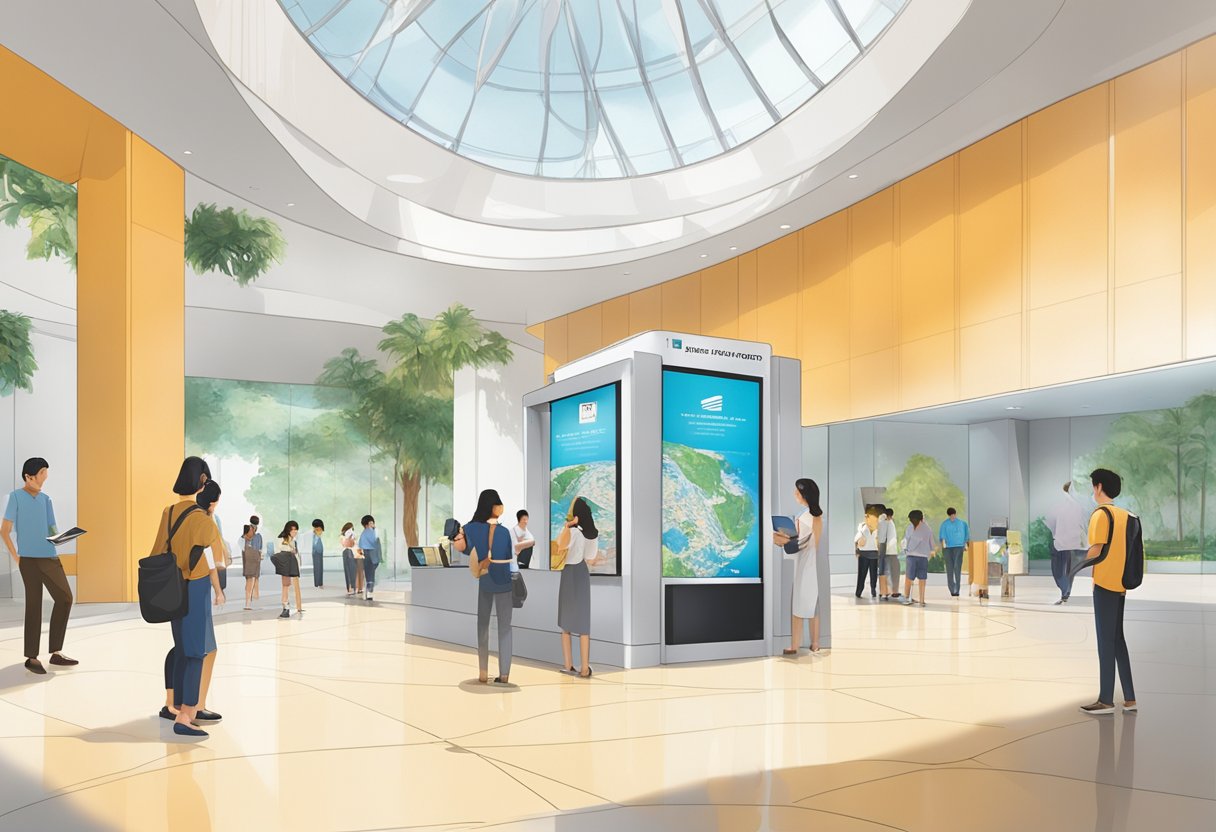 Visitors gather around a sleek information kiosk in the modern lobby of the Singapore museum, studying brochures and maps