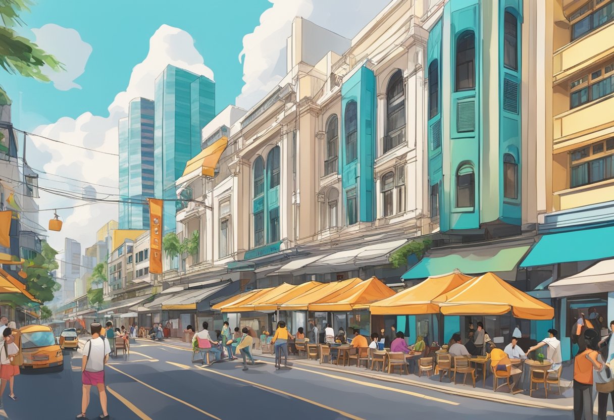 A bustling street lined with vibrant restaurants and lively entertainment venues in Bugis, Singapore
