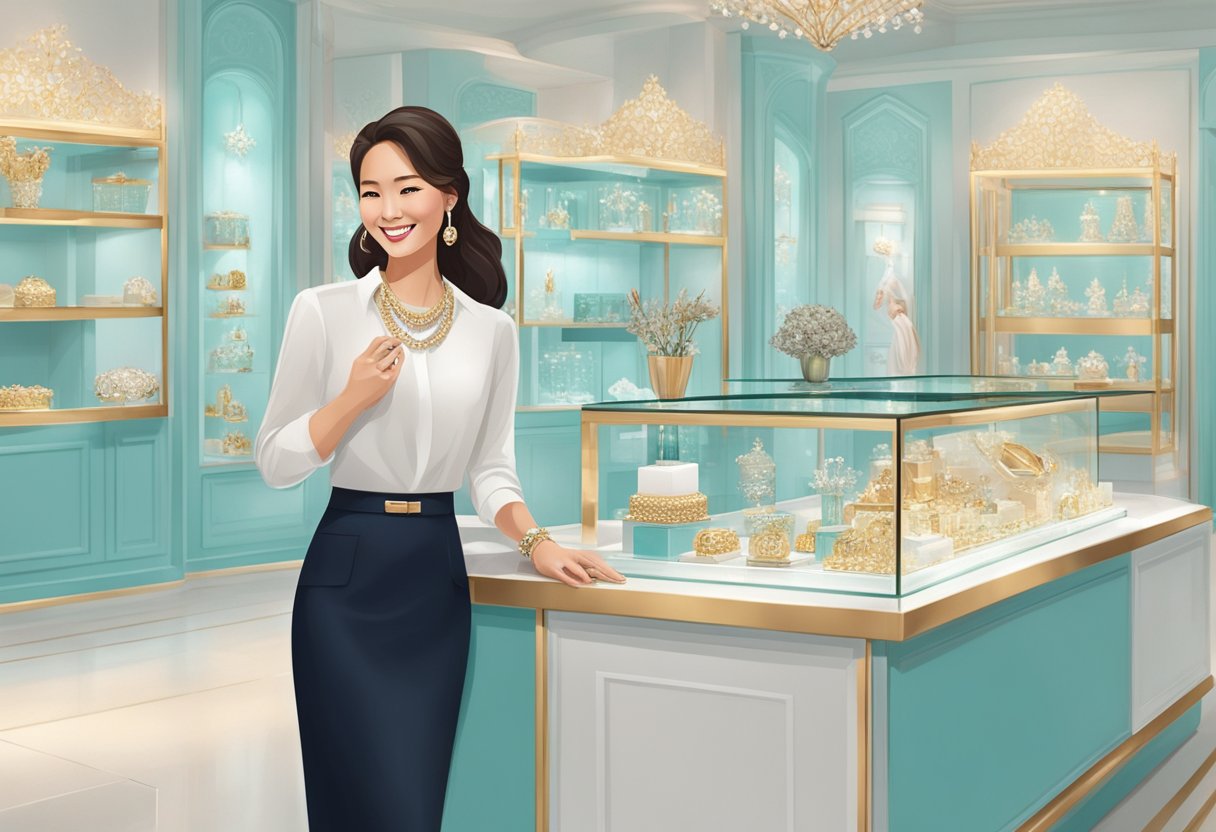 A customer service representative at Tiffany Singapore answers questions with a friendly smile, surrounded by elegant jewelry displays and luxurious decor