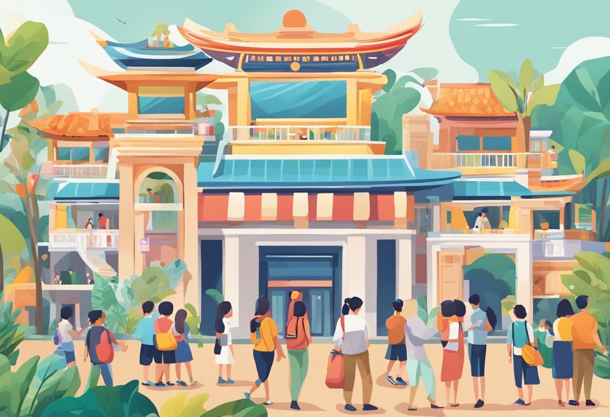 People redeeming vouchers at various Singapore attractions. Excited faces, bustling crowds, and colorful landmarks