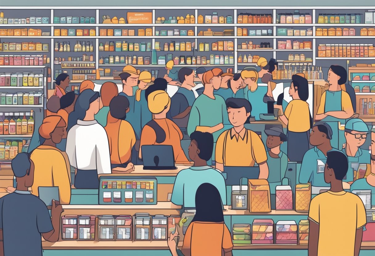 A crowded store with shelves of products and customers asking questions at a customer service counter