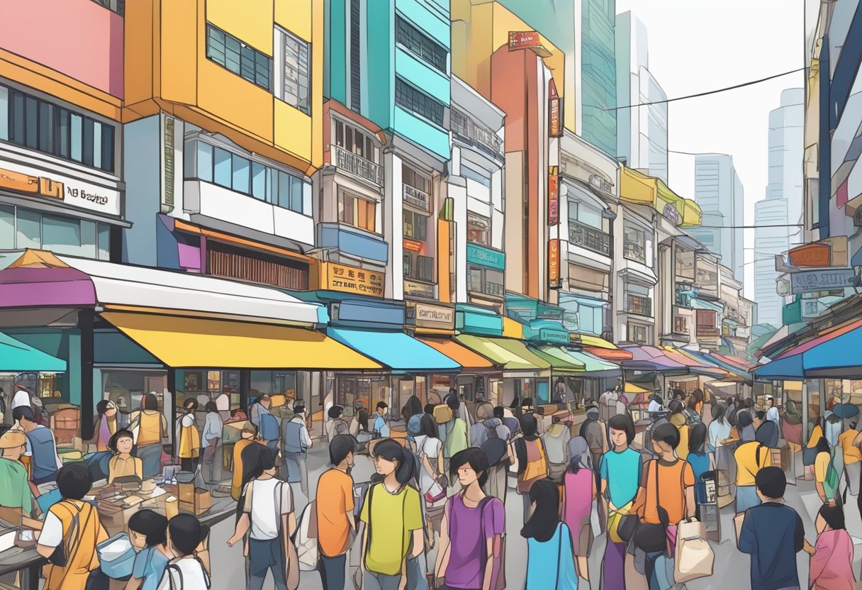 Busy Bugis street with colorful shops, bustling crowds, and street food vendors. Iconic Bugis Junction building in the background