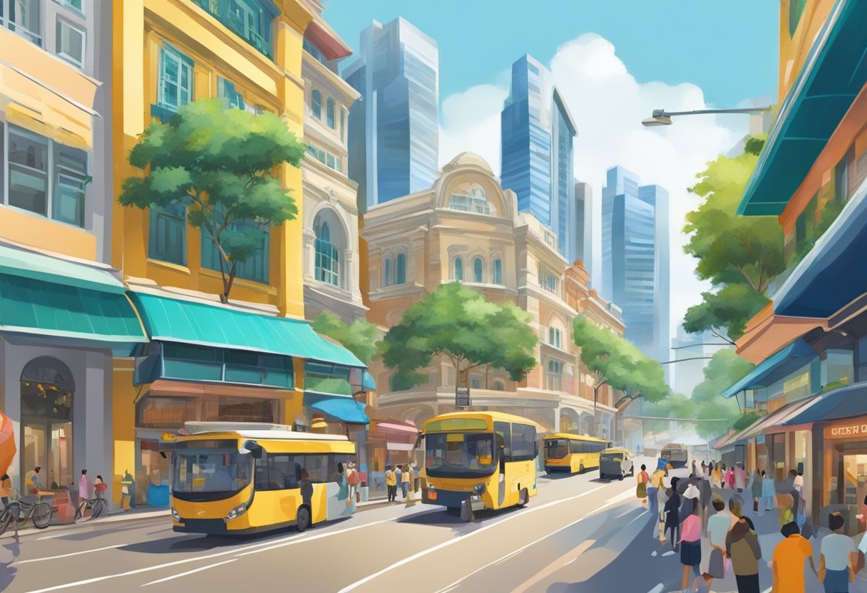 A bustling city street with vibrant colors, diverse architecture, and bustling activity, showcasing the energy and excitement of rediscovering Singapore