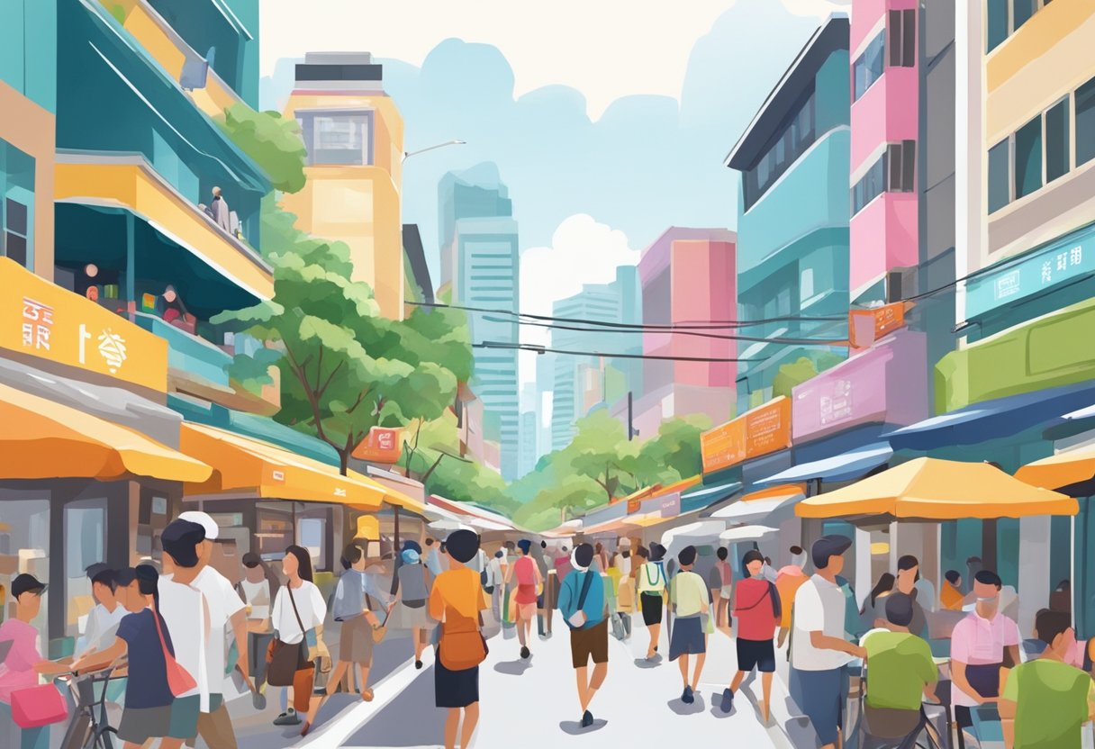 A bustling Singapore street, with colorful signs and bustling activity, as people rediscover the city's hidden gems