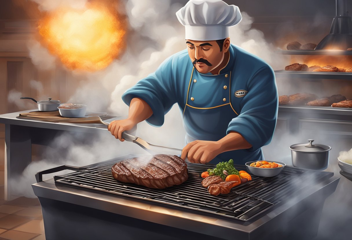 A sizzling steak on a hot grill, surrounded by a cloud of smoke, with a chef in the background flipping the meat