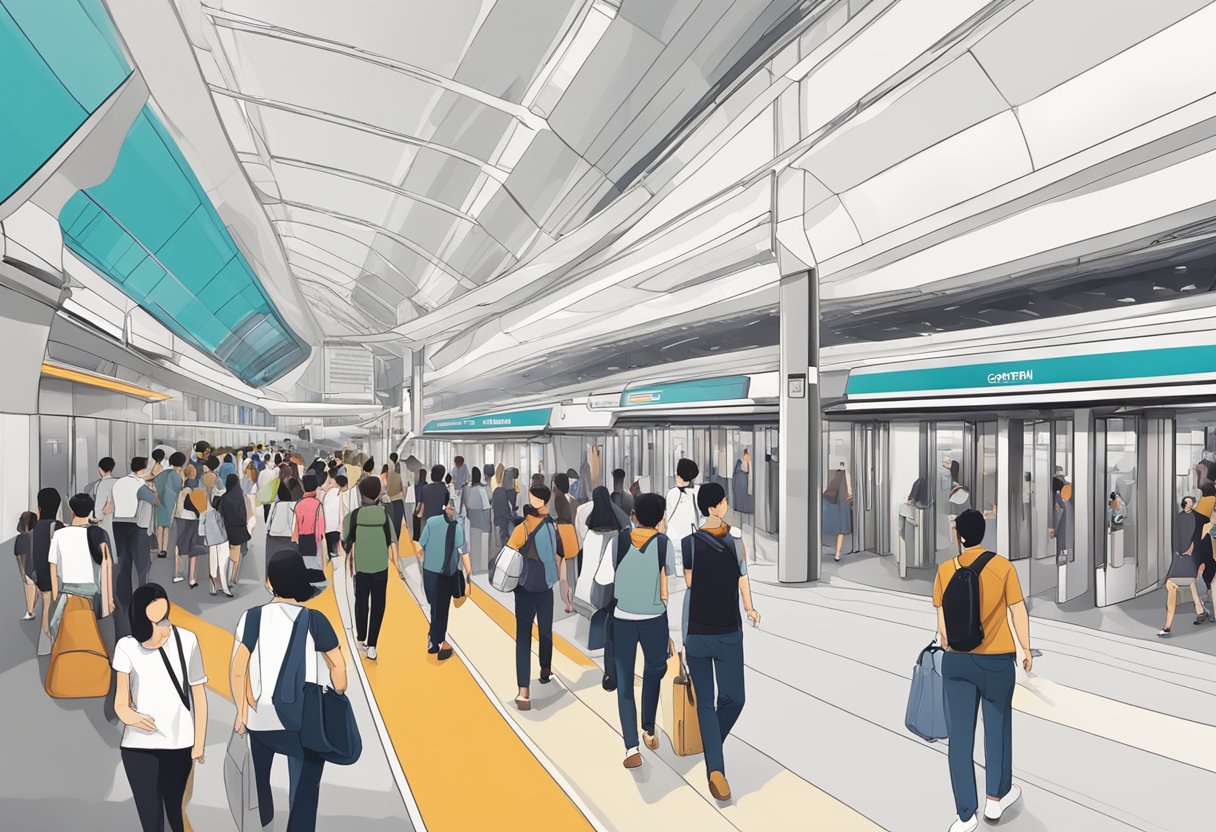 The bustling metro station in Singapore with sleek, modern architecture and a crowd of commuters moving through the turnstiles and waiting on the platform