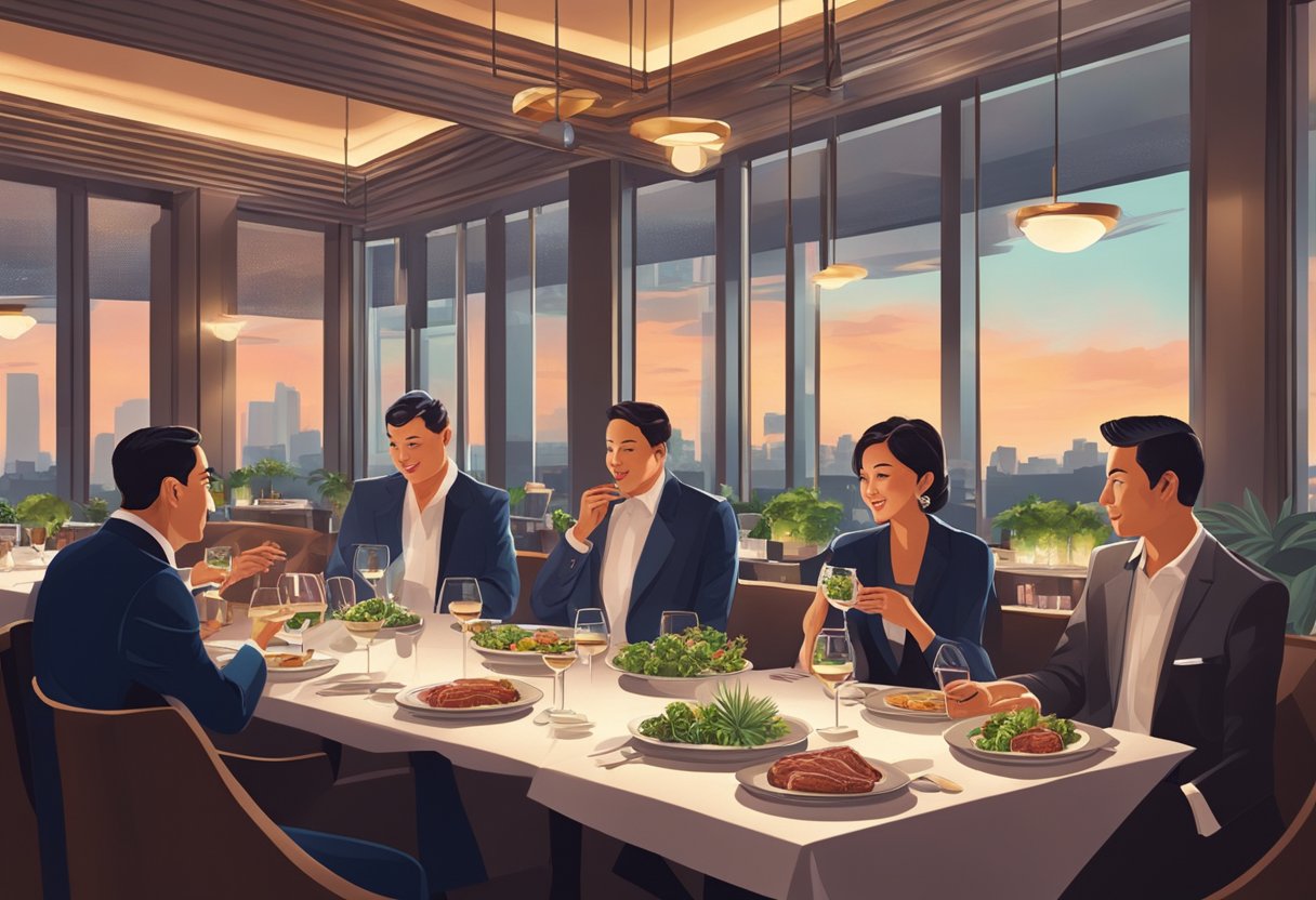 Diners savoring succulent steaks in upscale Singapore steakhouse