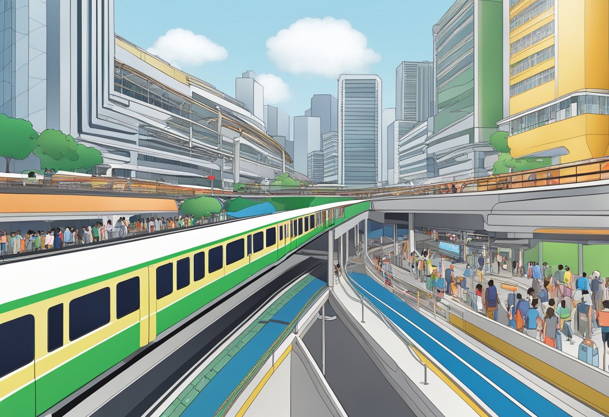 The Singapore Metro Network shows interconnected lines and stations, with trains running smoothly and passengers waiting on platforms