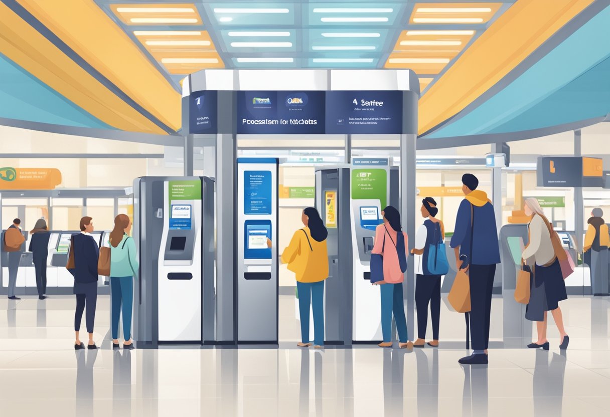 Passengers purchasing tickets at a metro station. Signs indicate fare options and accessibility information. Ticket machines and turnstiles are visible