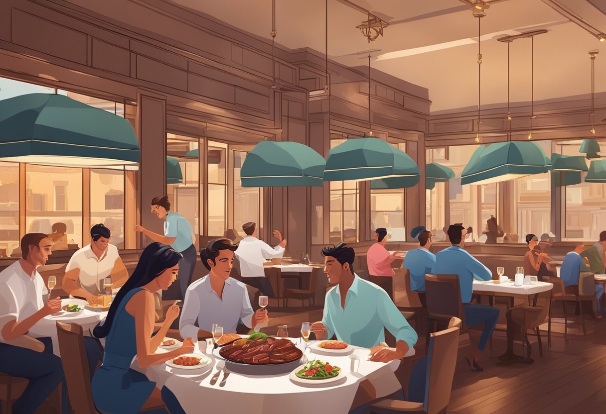 Diners savoring juicy steaks at a bustling restaurant, surrounded by elegant decor and the aroma of sizzling meat on the grill