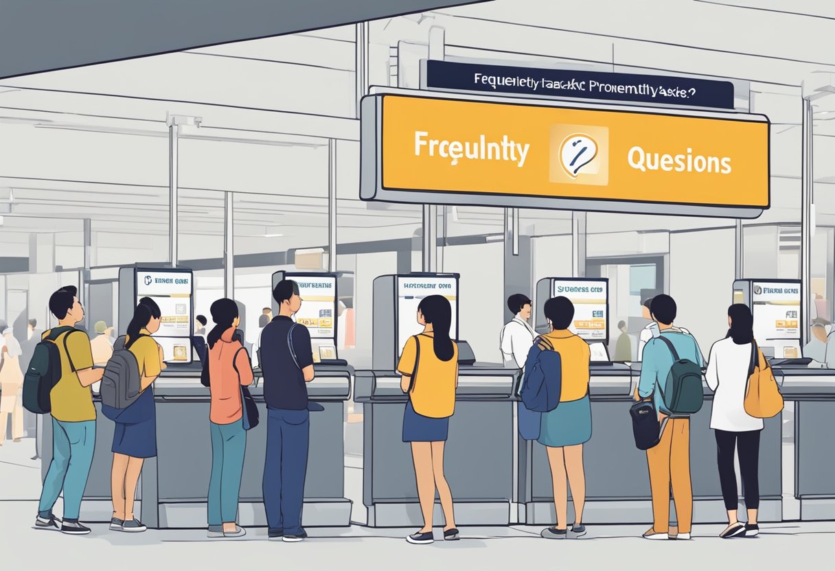 People lining up at a metro station ticket counter in Singapore, with a sign reading "Frequently Asked Questions" prominently displayed
