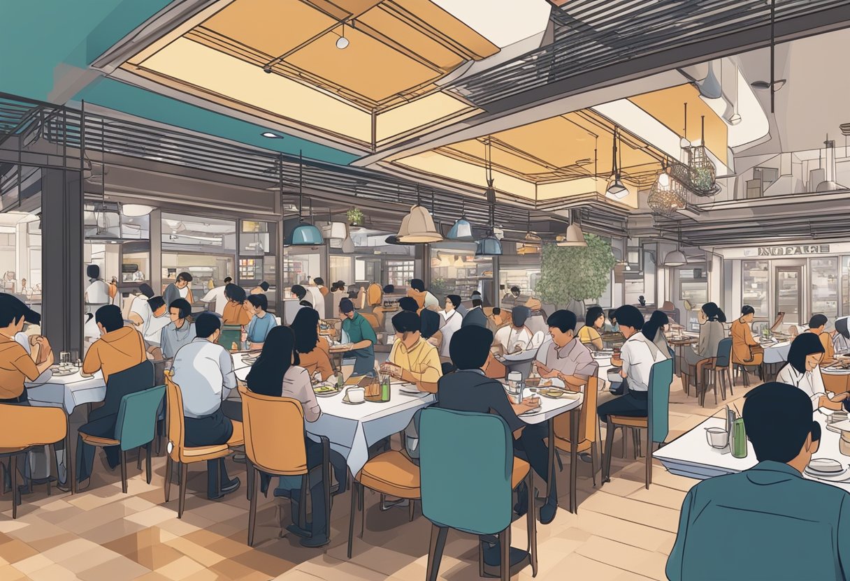 A bustling steak restaurant in Singapore, with diners enjoying their meals and staff bustling around attending to customers' needs