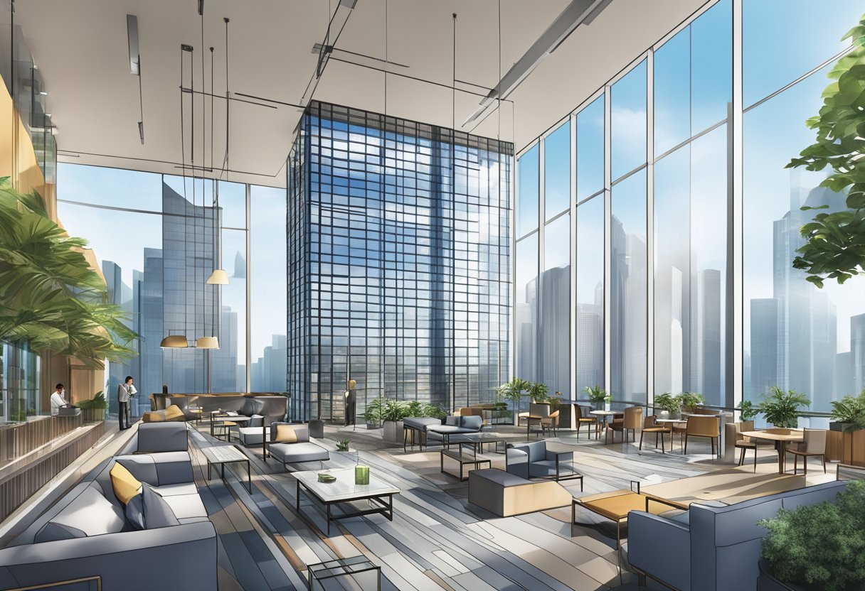 The modern Novotel Singapore hotel stands tall against the city skyline, with its sleek glass facade reflecting the surrounding urban landscape