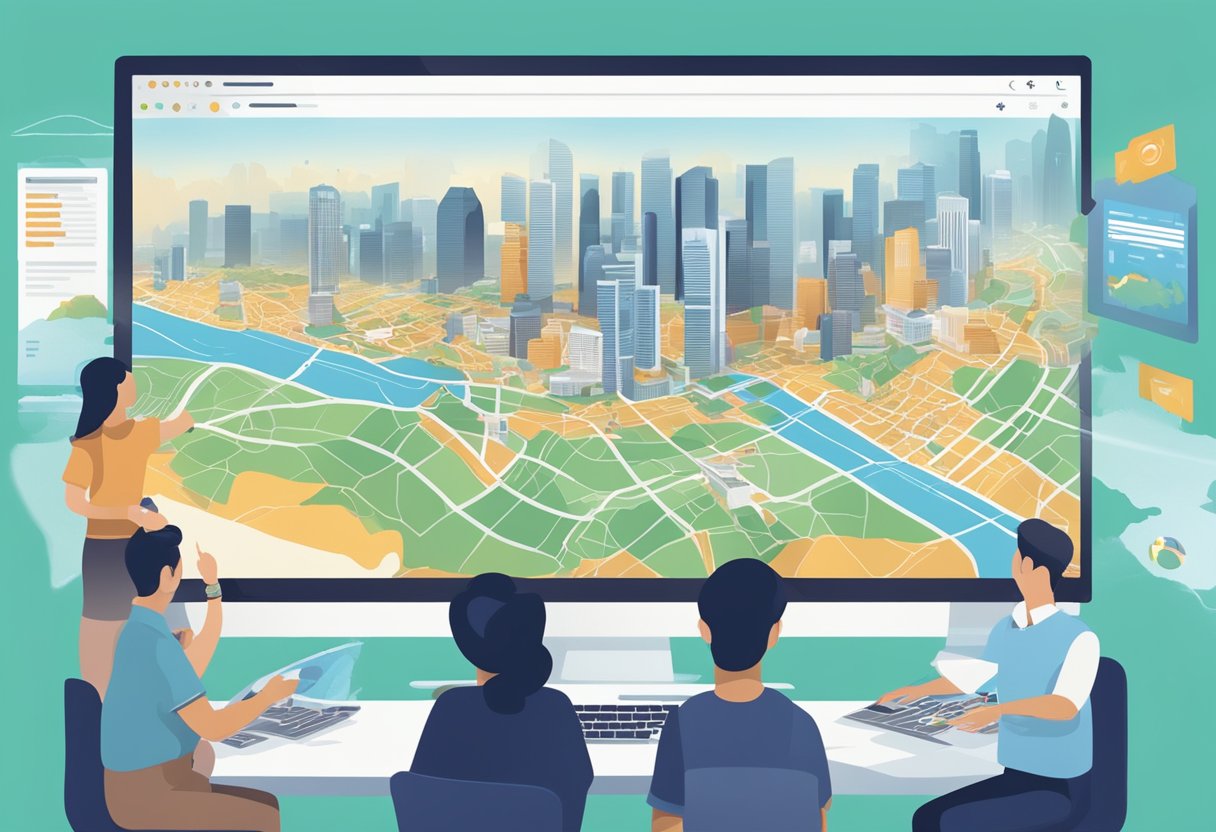 A computer screen displaying a map of Singapore with data leaking out of it, surrounded by alarmed onlookers