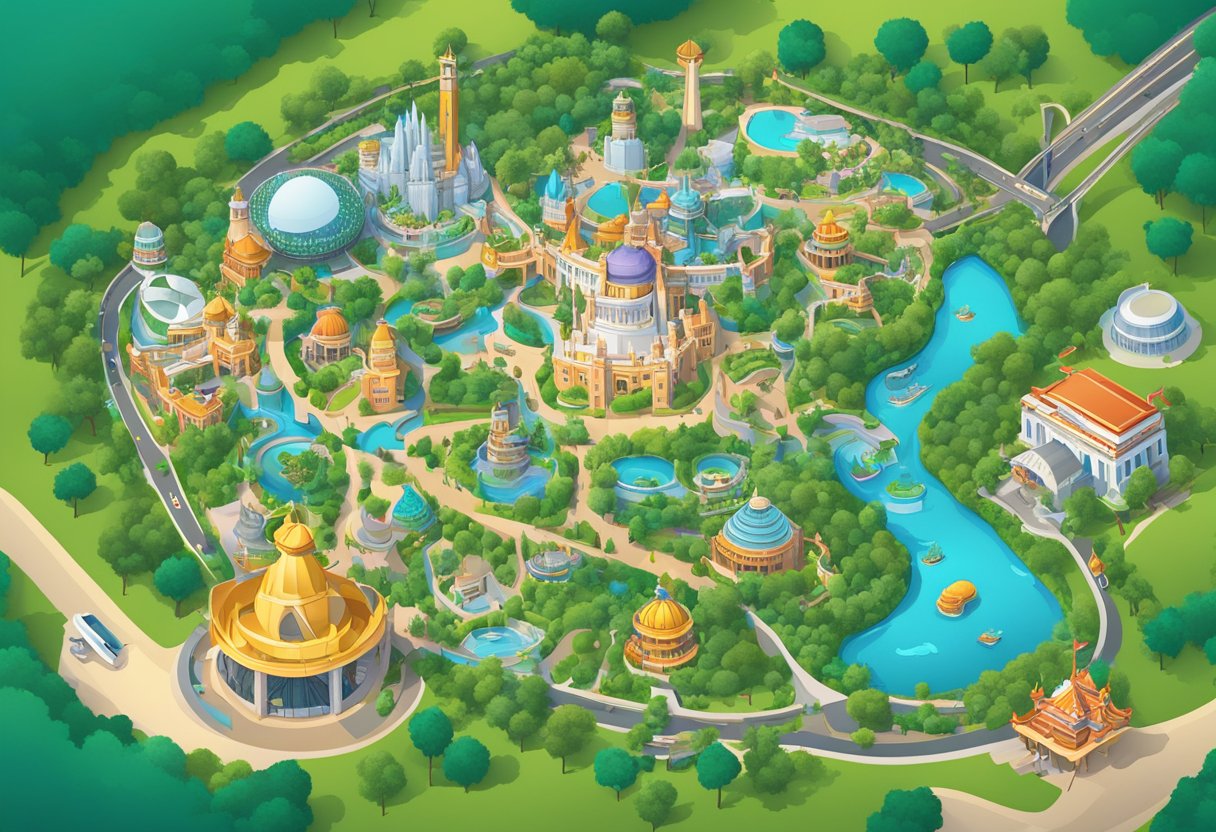 A colorful map of Universal Studios Singapore with iconic attractions and landmarks, surrounded by lush greenery and vibrant signage