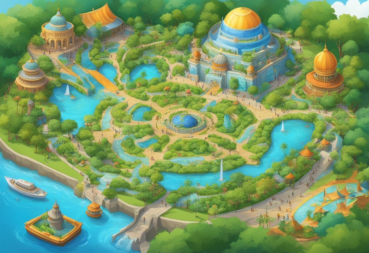 The bustling park is filled with colorful attractions, surrounded by lush greenery and water features. A large iconic globe marks the center of the map