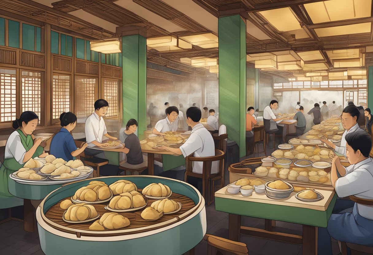 Tables filled with steaming bamboo baskets, bustling waitstaff, and the aroma of savory dumplings at a bustling dim sum restaurant in Singapore