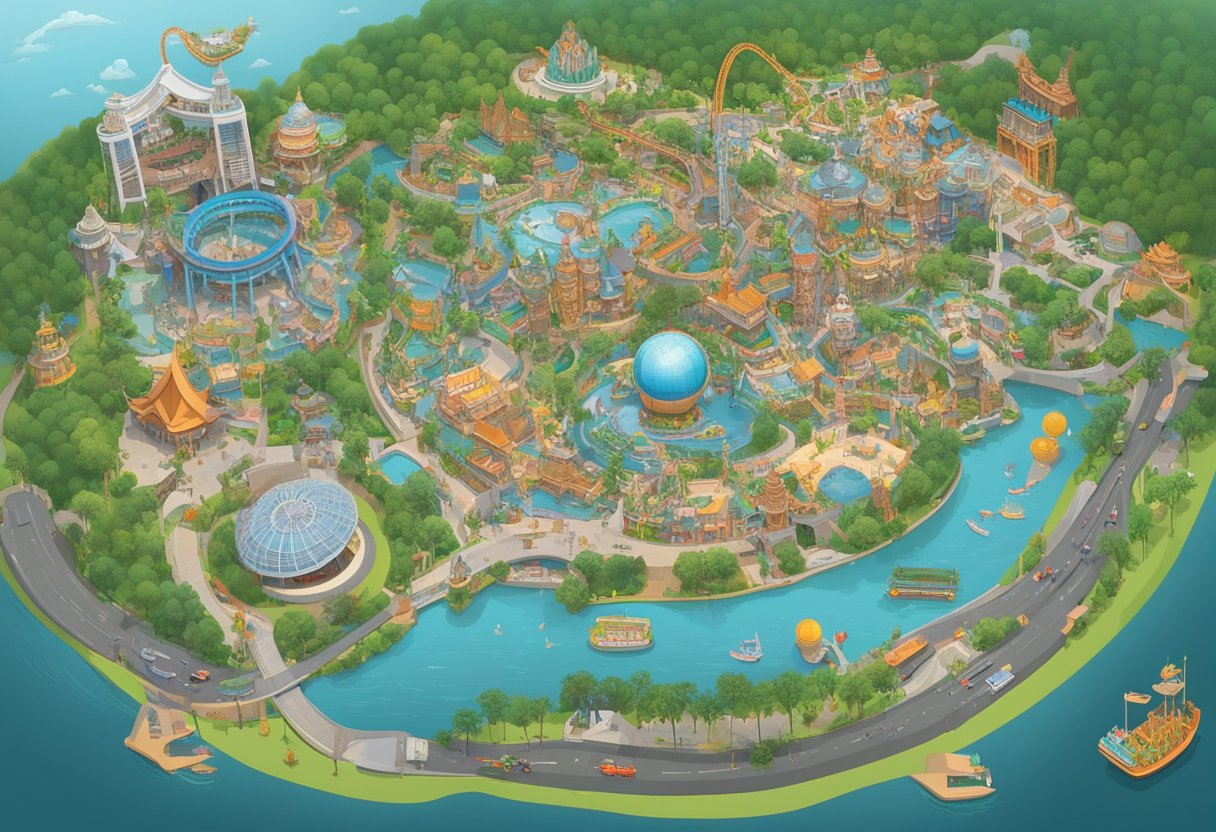The Universal Studios Singapore map is displayed on a kiosk, surrounded by excited visitors. Roller coasters and attractions are illustrated, with clear directions and key landmarks labeled for easy navigation