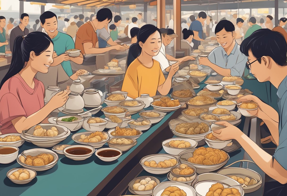 People enjoying a variety of steamed and fried dim sum dishes at a bustling hawker center in Singapore. The aroma of fresh dumplings and the clinking of tea cups fill the air