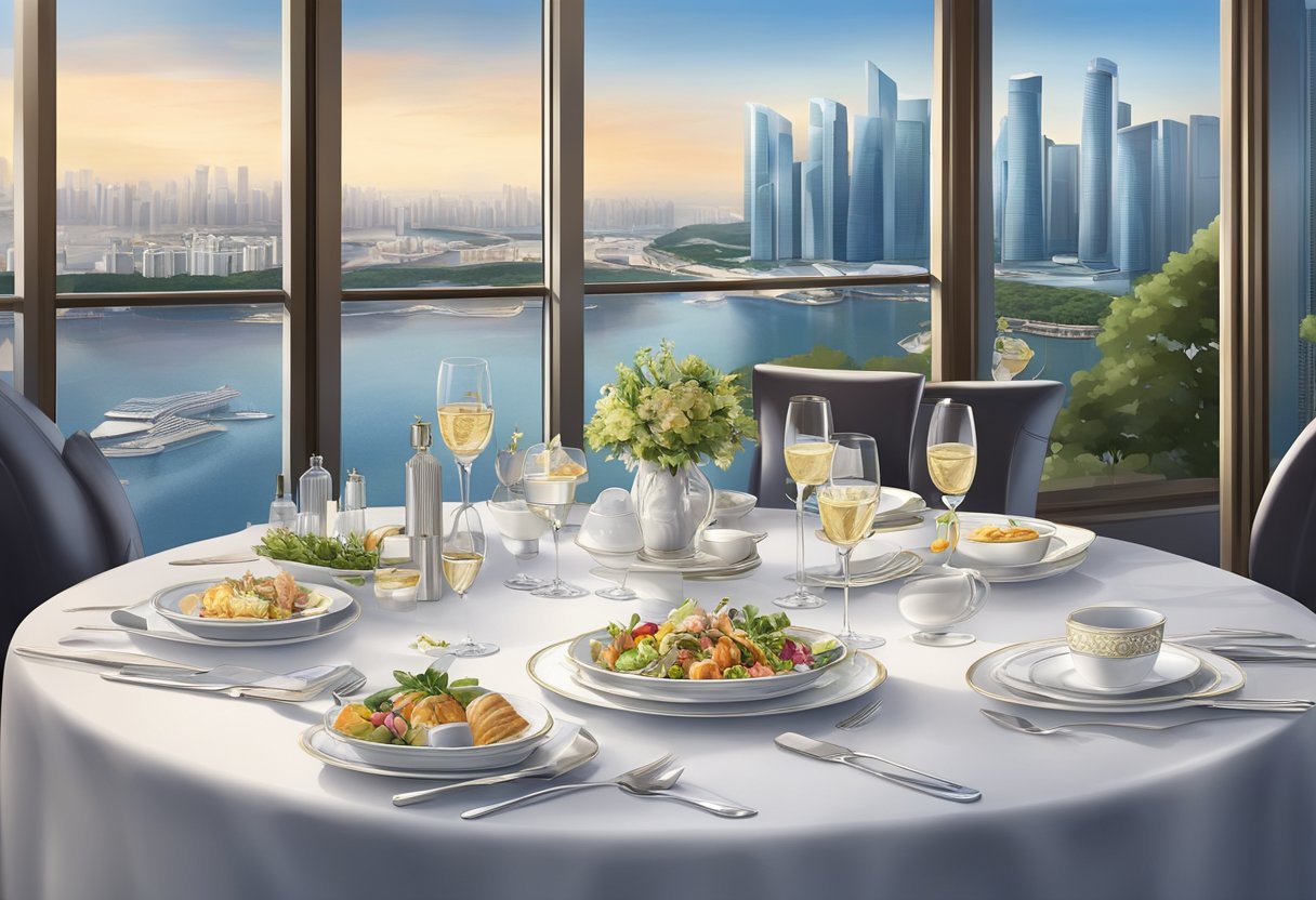 A beautifully set dining table at The Ritz-Carlton Millenia Singapore, with elegant cutlery, fine china, and a stunning view of the city skyline