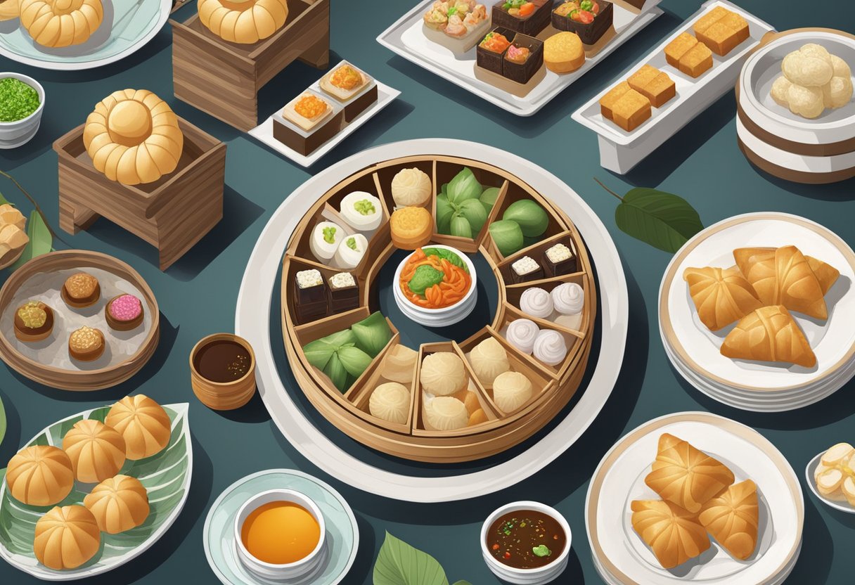 A table spread with a variety of dim sum and sweet treats, showcasing the diverse flavors and textures of Singaporean cuisine