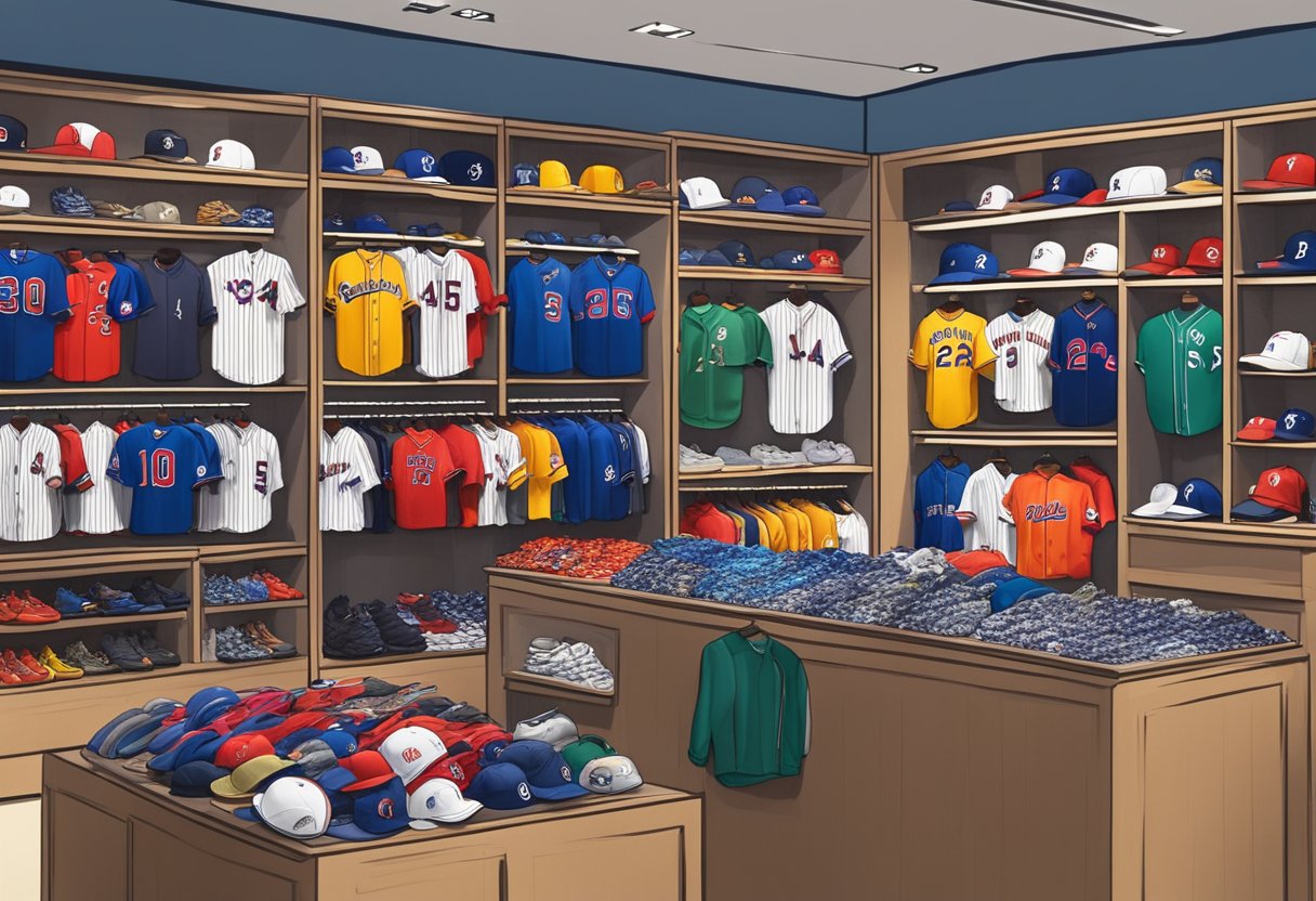 A vibrant display of MLB fashion items fills a bustling store in Singapore, with colorful jerseys, caps, and accessories on prominent display