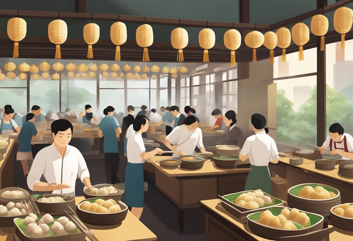 A bustling dim sum restaurant in Singapore, with steaming bamboo baskets of various dumplings and dishes being served by waitstaff