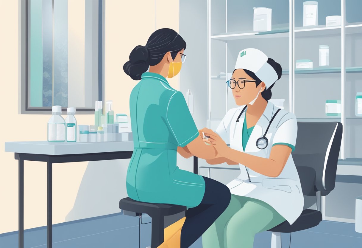 A nurse administers a booster shot in a clean, well-lit clinic in Singapore. The patient sits calmly as the nurse prepares the injection