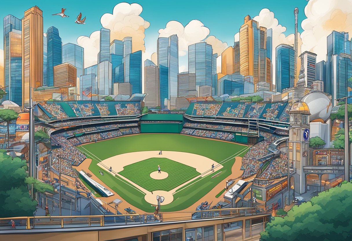 MLB logos and baseball equipment in a bustling Singapore cityscape