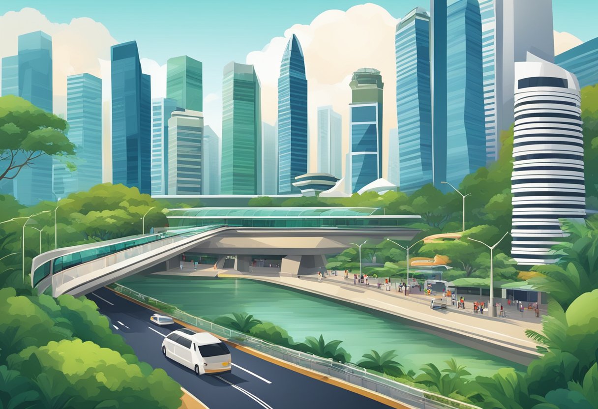Busy streets of Singapore with iconic landmarks like Marina Bay Sands and the Singapore Flyer, surrounded by modern skyscrapers and lush greenery