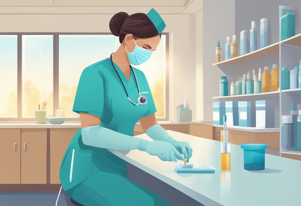 A nurse prepares a syringe with a booster shot vial in a clean and well-lit clinic setting