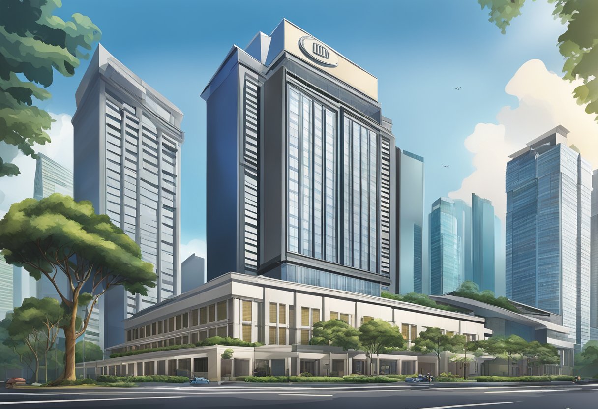 The iconic Hilton Singapore hotel rises tall against the city skyline, with its modern architecture and sleek design standing out amidst the bustling urban landscape