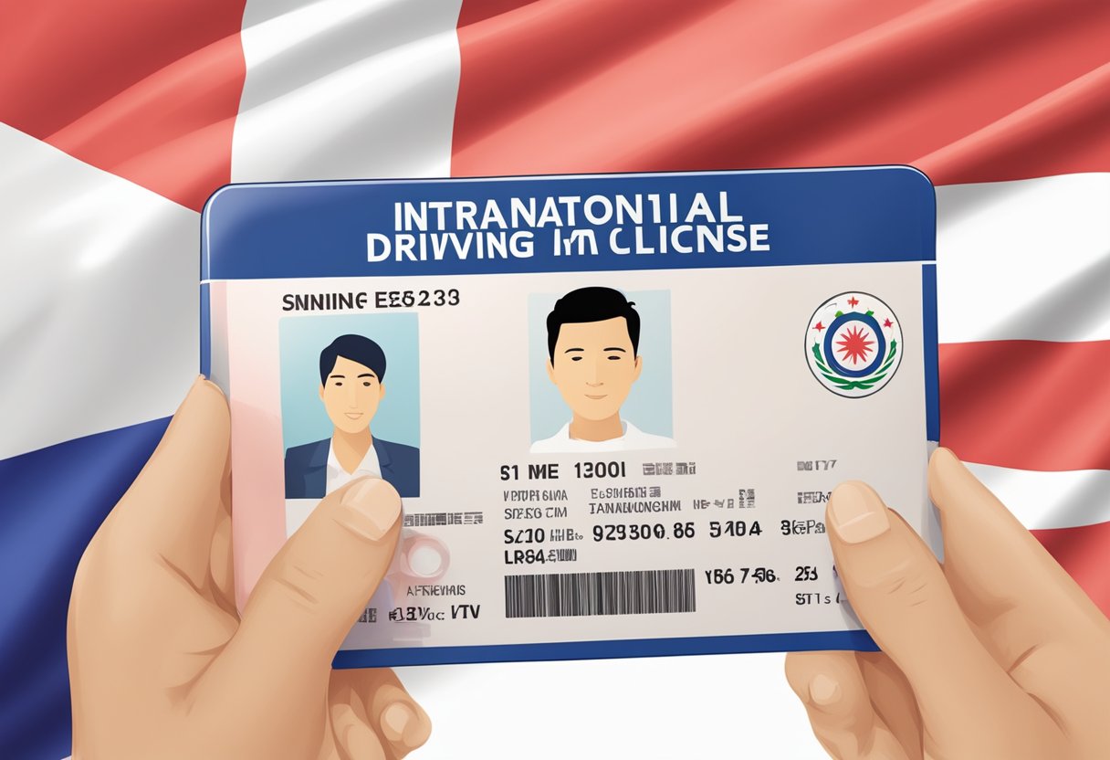 A person holding an international driving license with the Singapore flag in the background