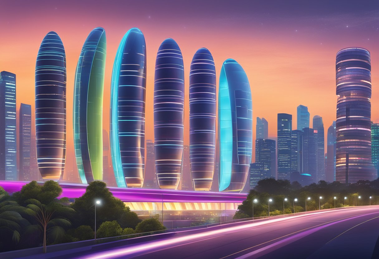 A row of sleek, futuristic capsules stacked against a backdrop of vibrant city lights in Singapore