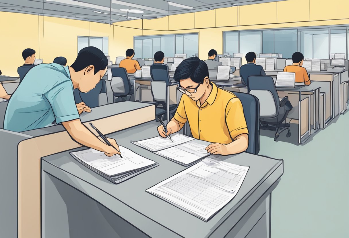 A person fills out forms at a Singaporean driving permit office