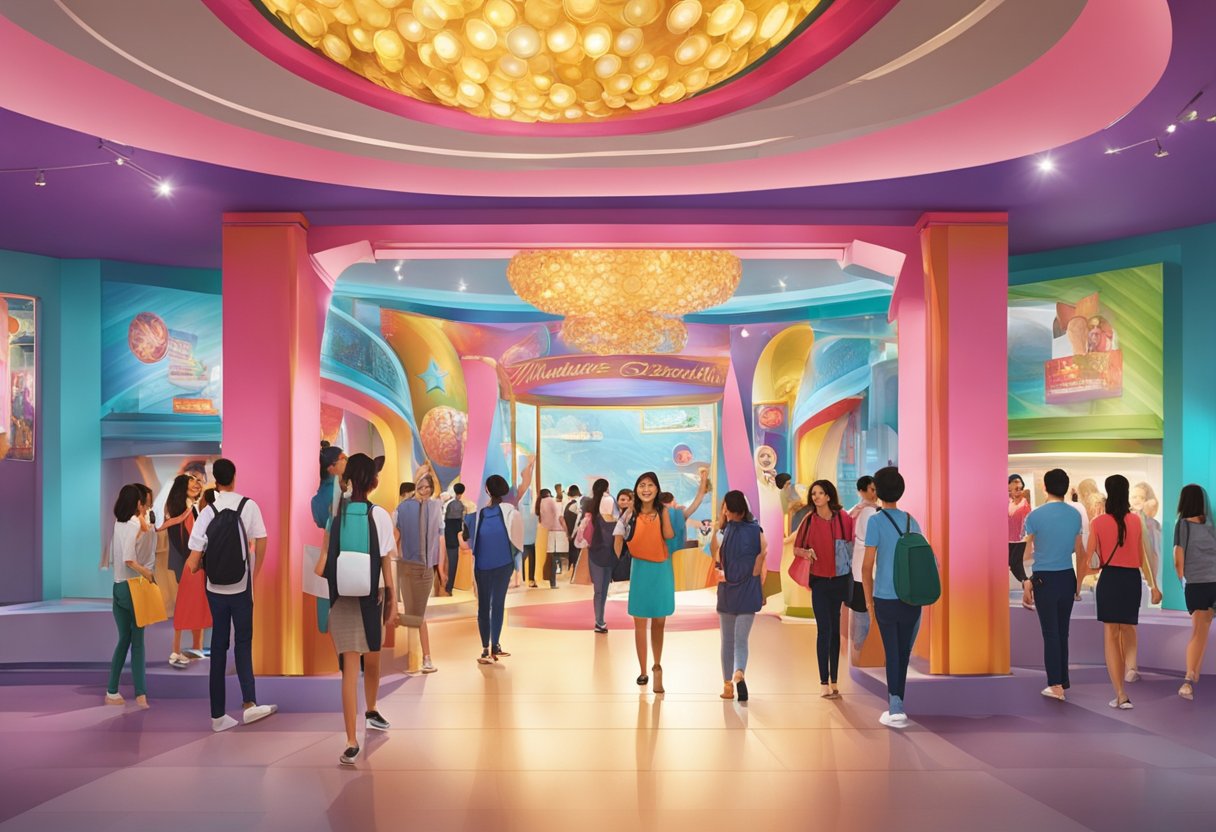 The bustling entrance of Madame Tussauds Singapore, with colorful displays and excited visitors