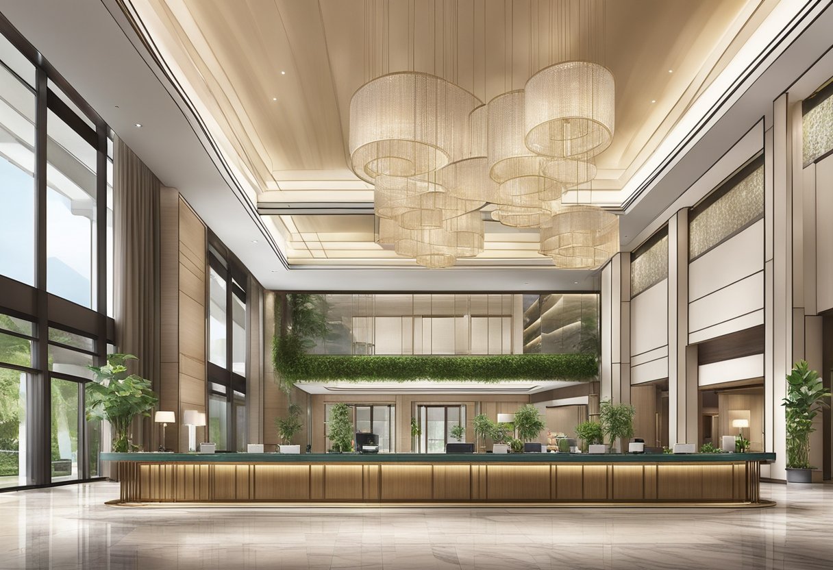 The Hilton Singapore lobby features modern furniture, a grand chandelier, and a welcoming reception desk. The space is filled with natural light and lush greenery, creating a luxurious and inviting atmosphere