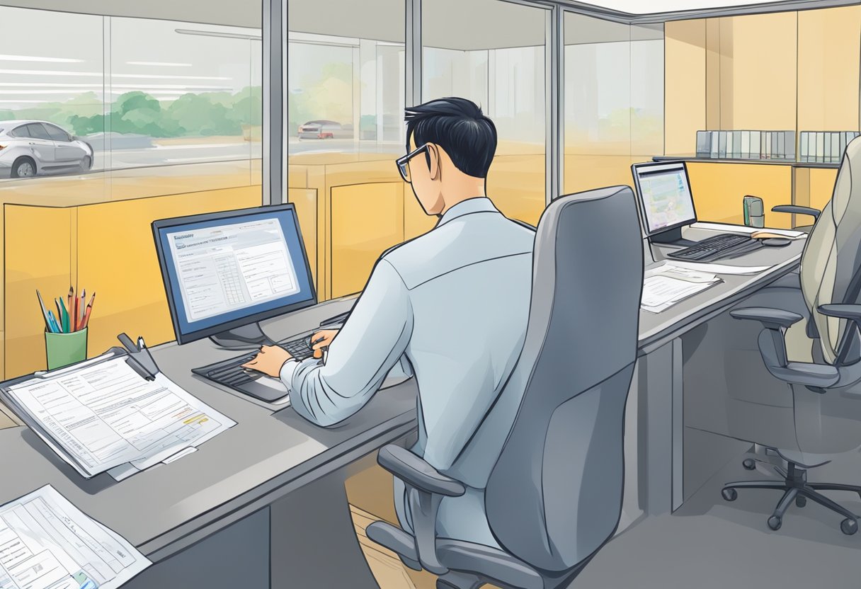A person at a Singaporean driving office, filling out forms for an international driving license