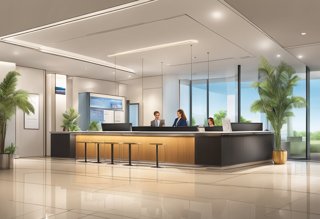 Guests check in at reception, where they receive a key card and instructions. The lobby features modern design and comfortable seating areas