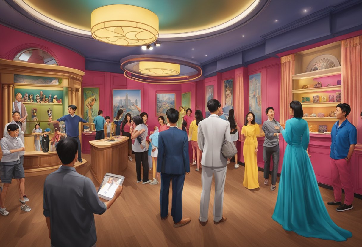 A bustling room filled with lifelike wax figures and interactive exhibits at Madame Tussauds Singapore