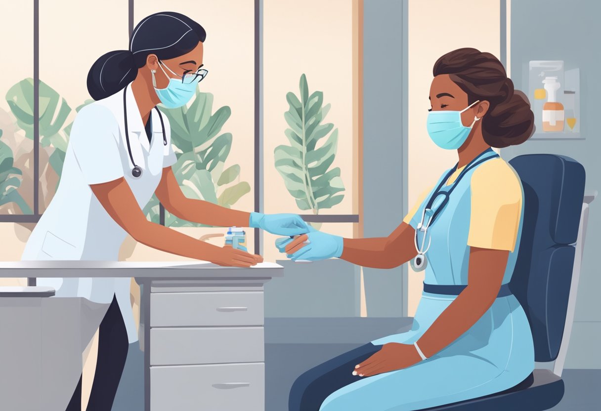 A person receiving a booster shot in a medical setting, with a nurse preparing the vaccine and administering it to the patient's arm