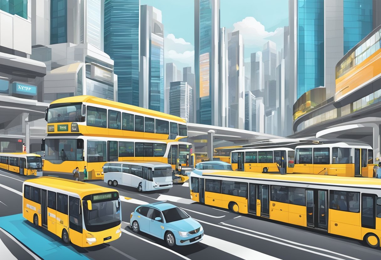 A bustling transportation hub with buses, trains, and taxis in Singapore, surrounded by modern infrastructure and signage