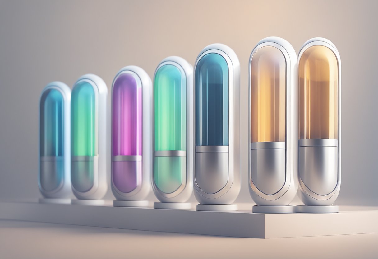 A row of sleek, modern capsules lined up in a minimalist, futuristic setting, with clean lines and soft lighting