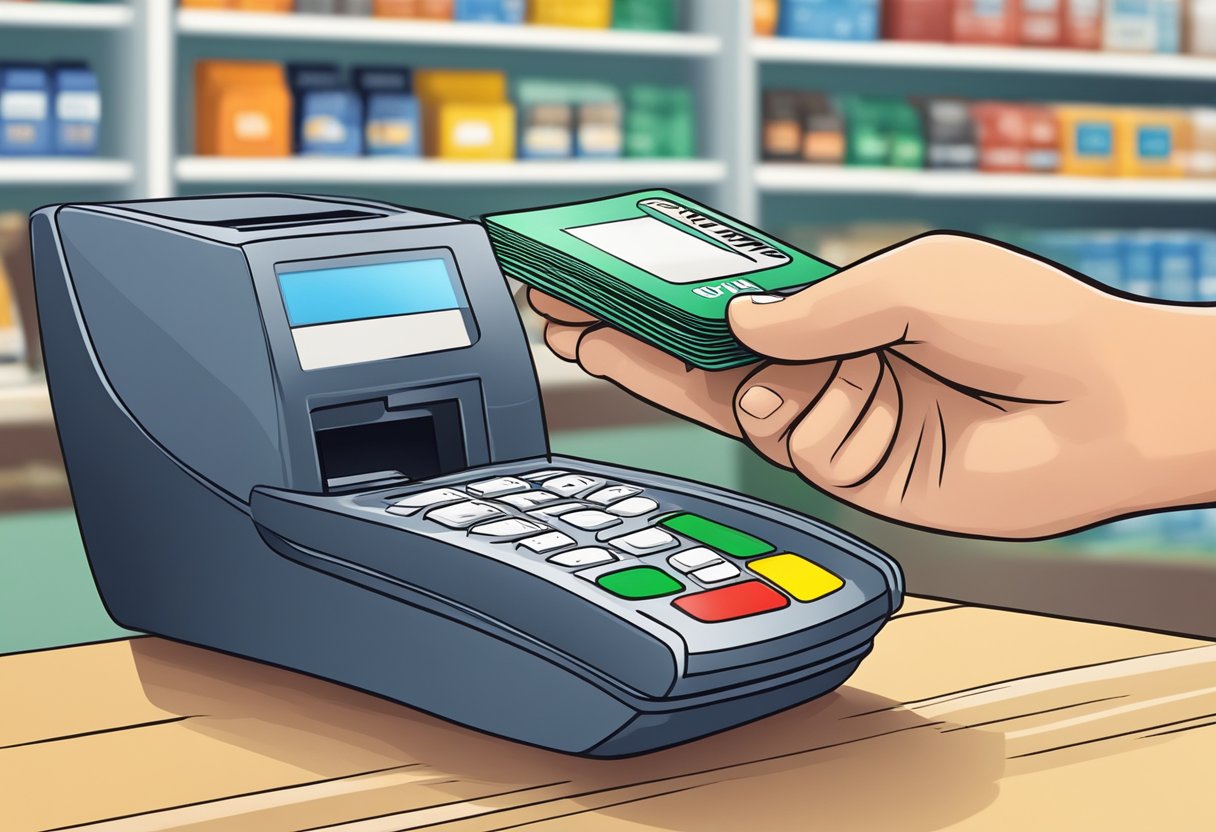 A credit card being swiped at a payment terminal in a Singaporean retail store