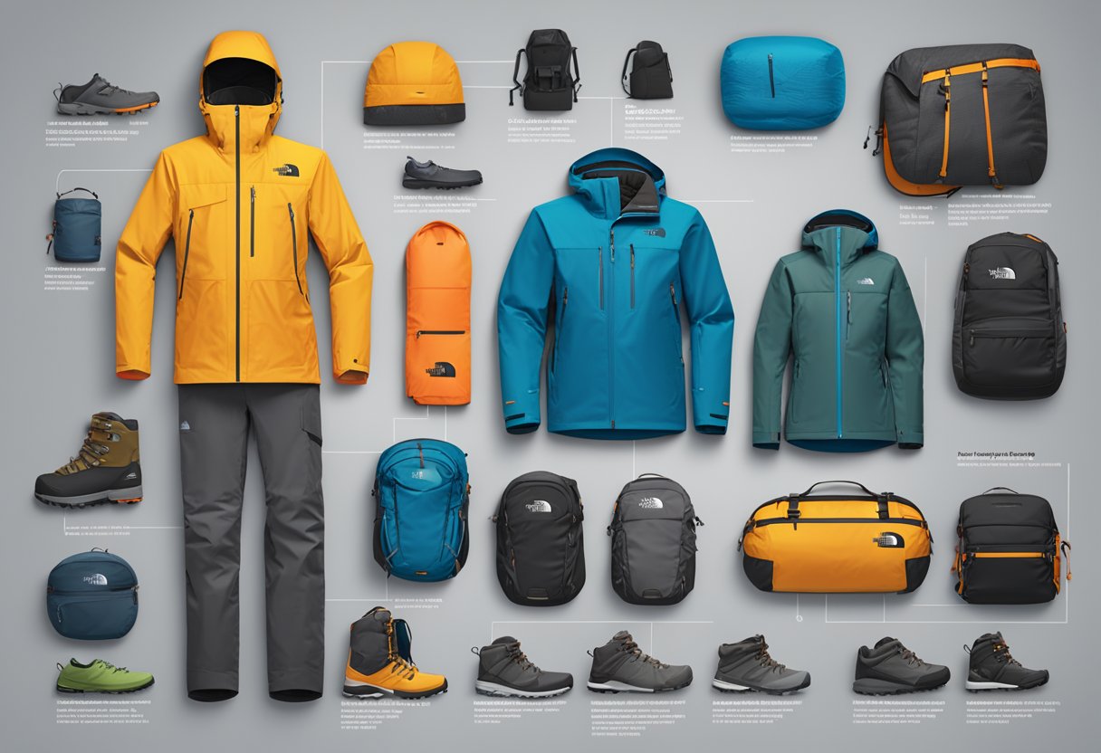 A display of North Face products, including jackets, backpacks, and shoes, with features highlighted such as waterproofing, insulation, and durability