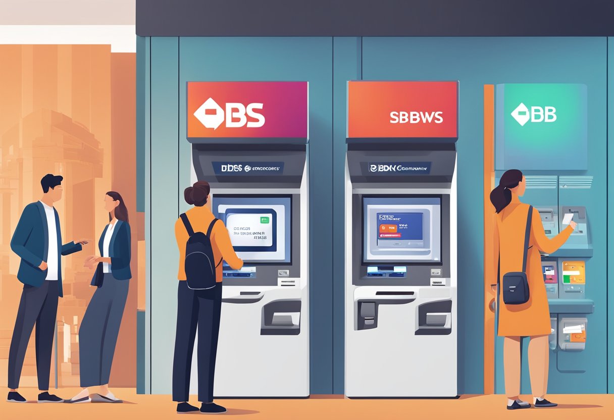 A customer swipes a DBS debit card at an ATM, with the bank's logo prominently displayed on the machine. The customer is surrounded by modern, sleek banking facilities and digital screens displaying various financial services