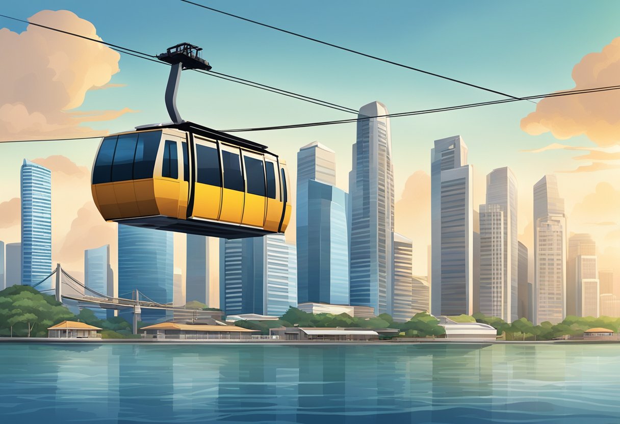 The Singapore cable car glides over the city skyline, suspended by thick cables against a backdrop of towering skyscrapers and the glistening waters of the harbor below