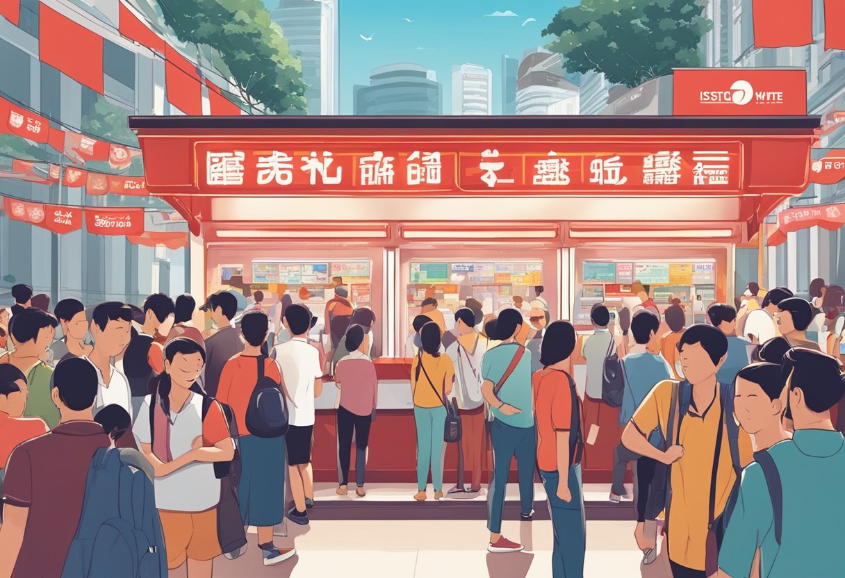A bustling crowd gathers outside the iconic red and white SISTIC ticketing booth in Singapore, with colorful banners and posters promoting upcoming events