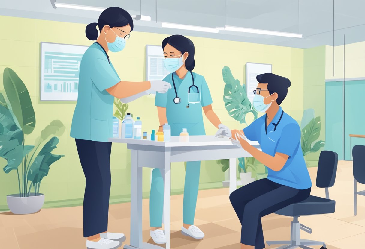 A person receiving a booster shot in Singapore, with a healthcare professional administering the vaccine in a clinic setting